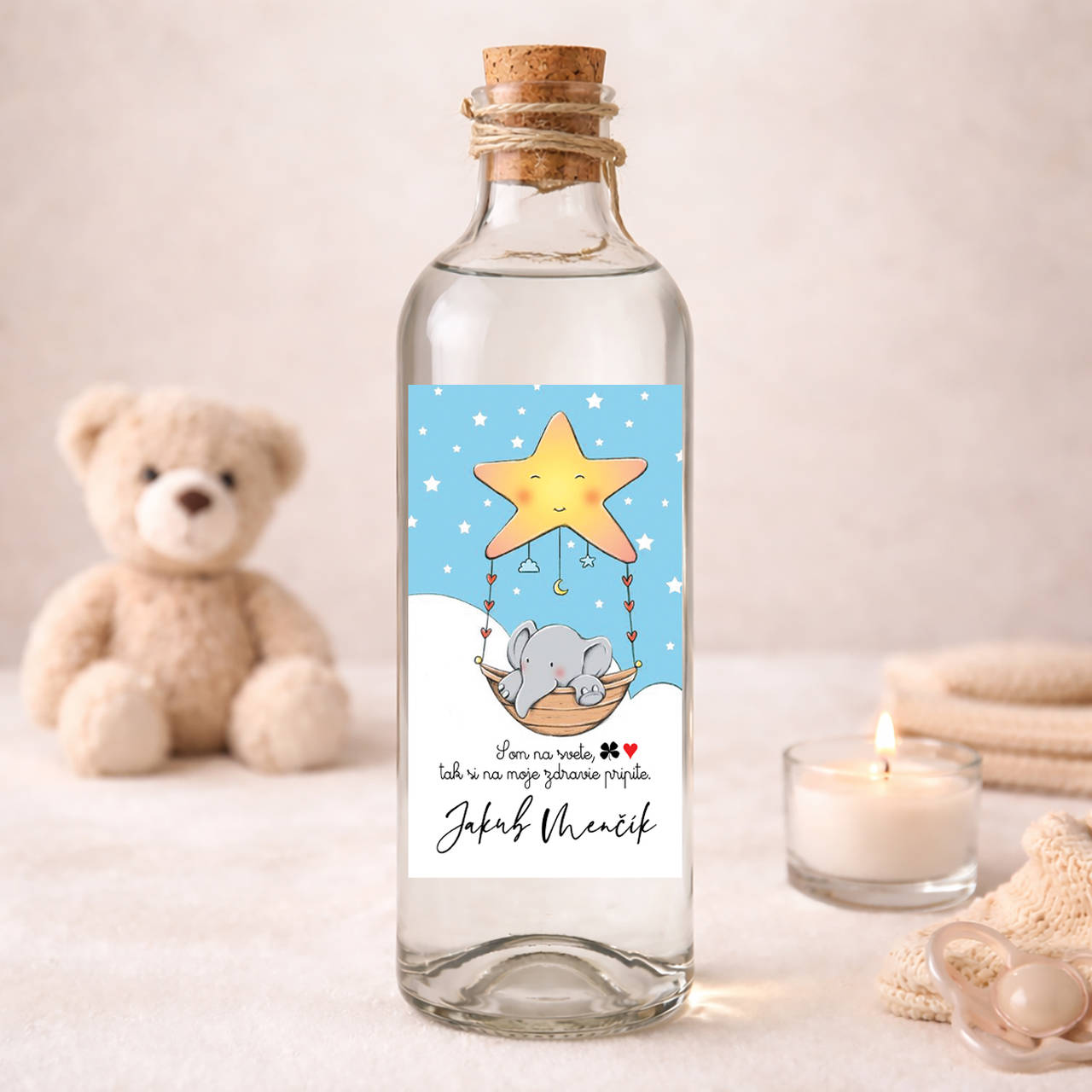 Samolepiaca etiketa "radostník" na víno/pálenku  (modrá so sloníkom)