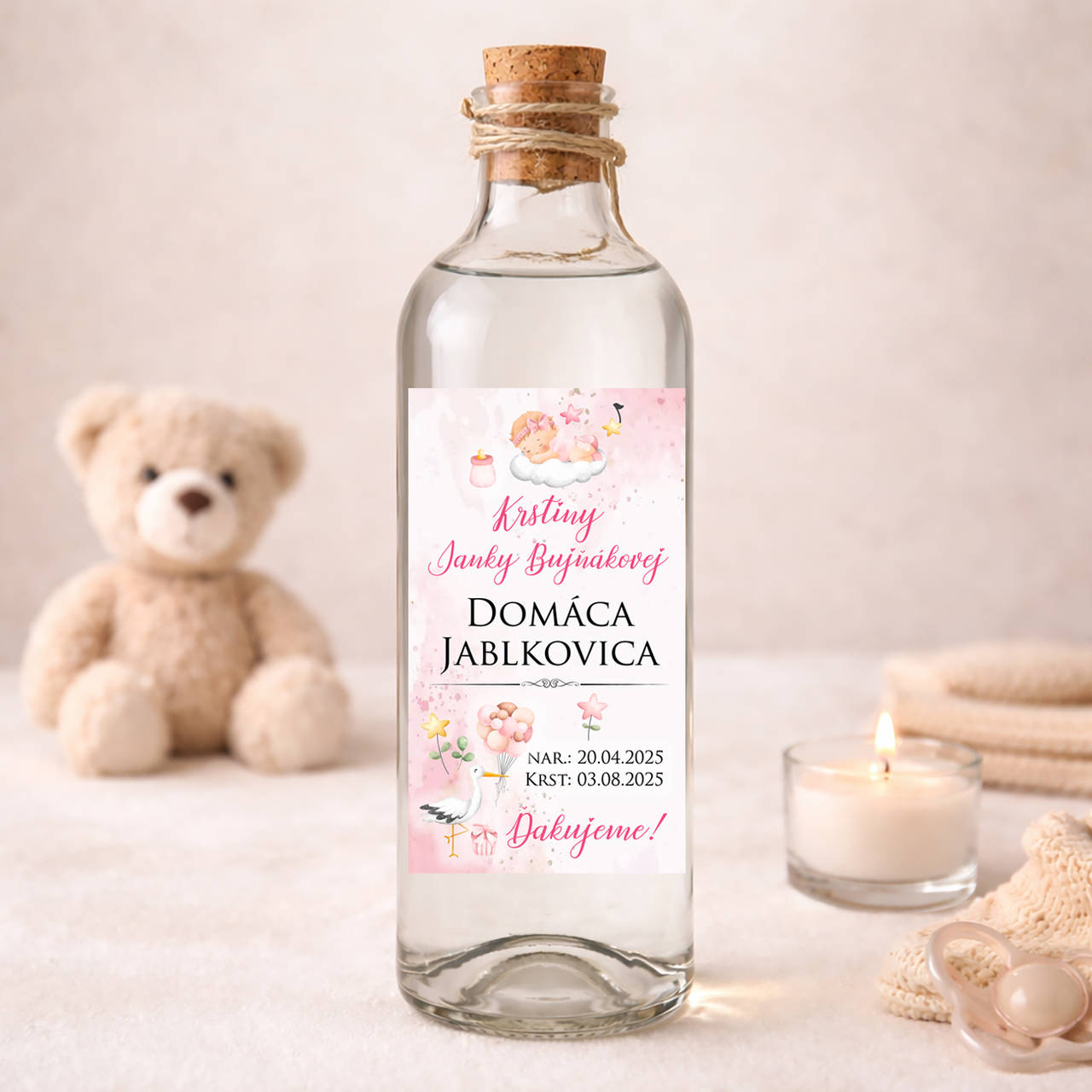 Samolepiace etikety na krst na víno/pálenku  (pálenka ružová)