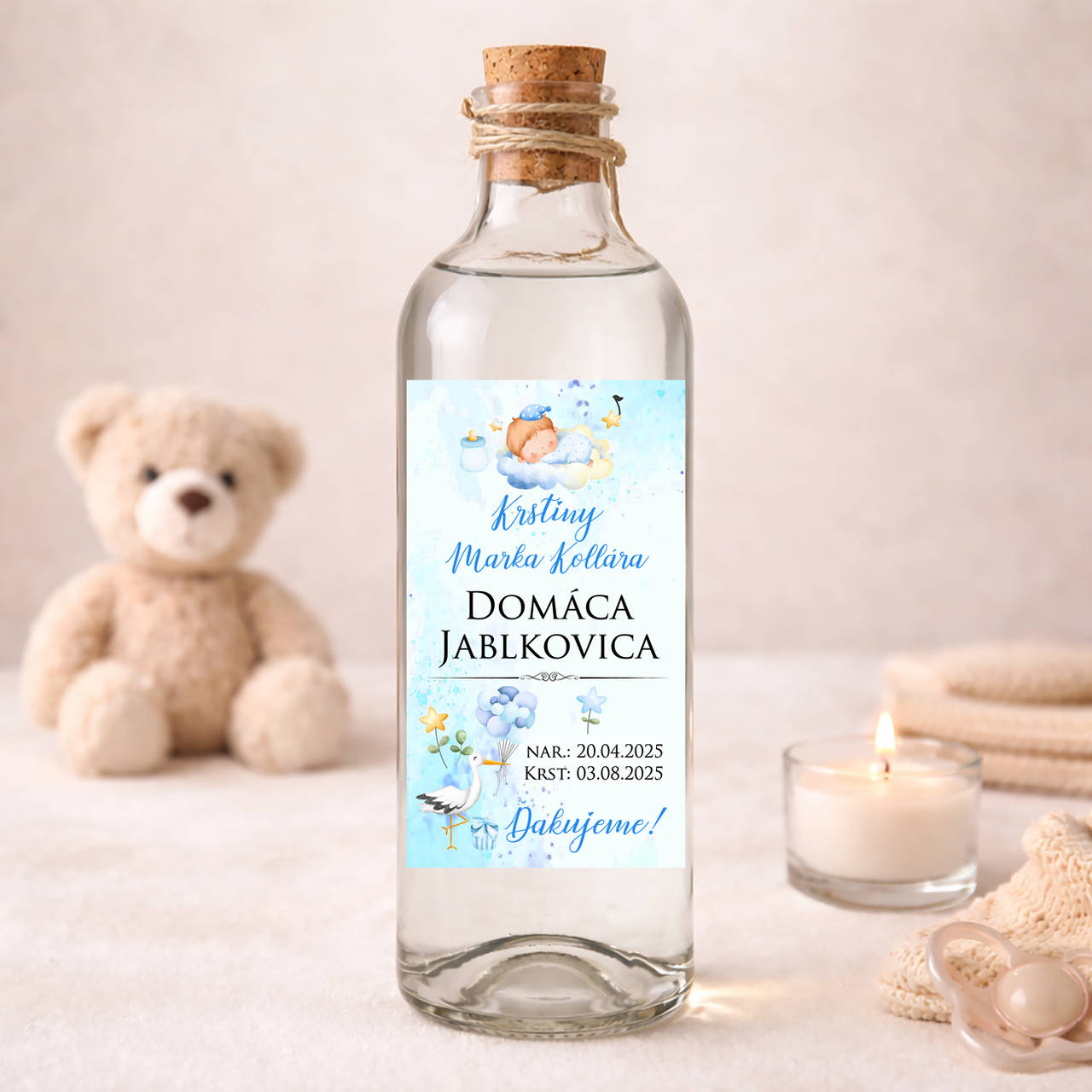 Samolepiace etikety na krst na víno/pálenku  (pálenka modrá)