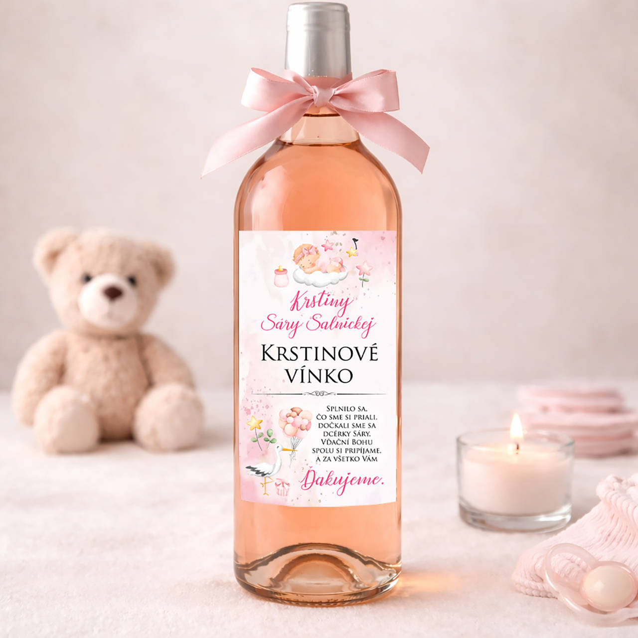 Samolepiace etikety na krst na víno/pálenku  (vínko ružové)