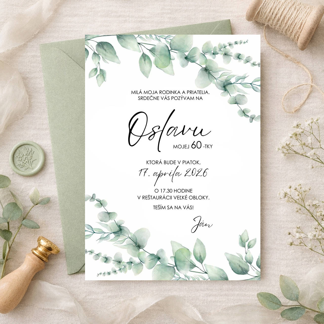 Pozvánka na narodeniny, narodeninová pozvánka na 50 v štýle greenery s lístkami (vzor 1)