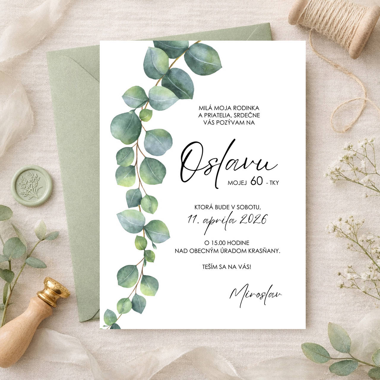 Pozvánka na narodeniny, narodeninová pozvánka na 50 v štýle greenery s lístkami (vzor 2)