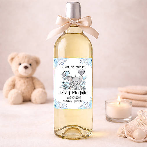 Samolepiace etikety "radostníky" na víno/pálenku  (etiketa so sloníkom s darčekmi + údaje)