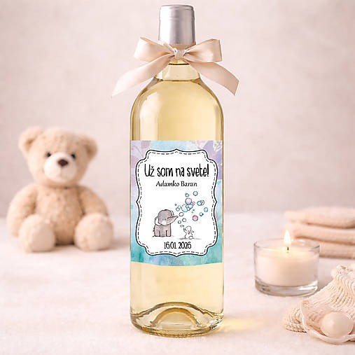 Samolepiace etikety "radostníky" na víno/pálenku  (etiketa so sloníkom a zajkom s bublinkami)