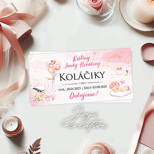 Nálepky na výslužky, krstinové koláčiky s bábätkom a bocianom (pre dievčatko)