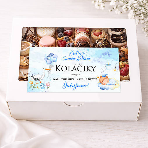Nálepky na výslužky, krstinové koláčiky s bábätkom a bocianom (pre chlapčeka)