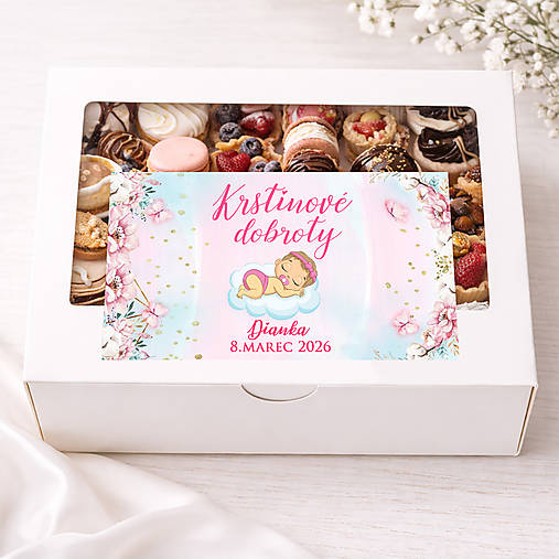 Nálepky na výslužky, krstinové koláčiky s bábätkom (pre dievčatko)