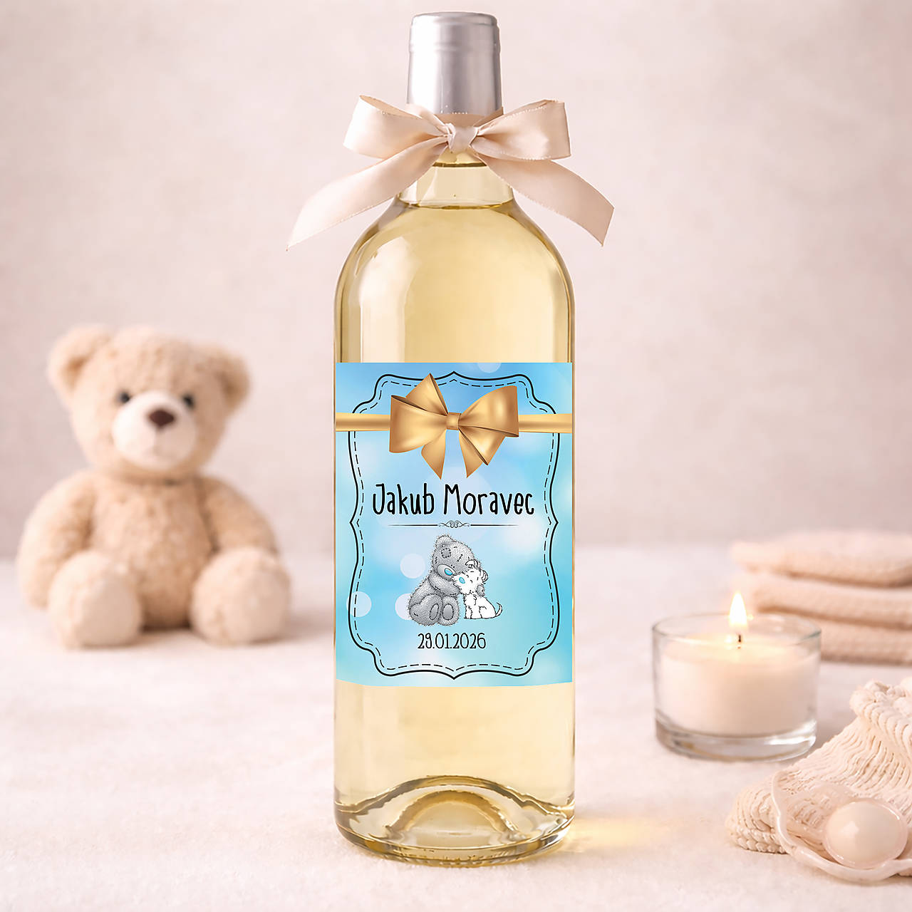 Samolepiace etikety "radostníky" na víno/pálenku  (etiketa so zlatou mašľou)