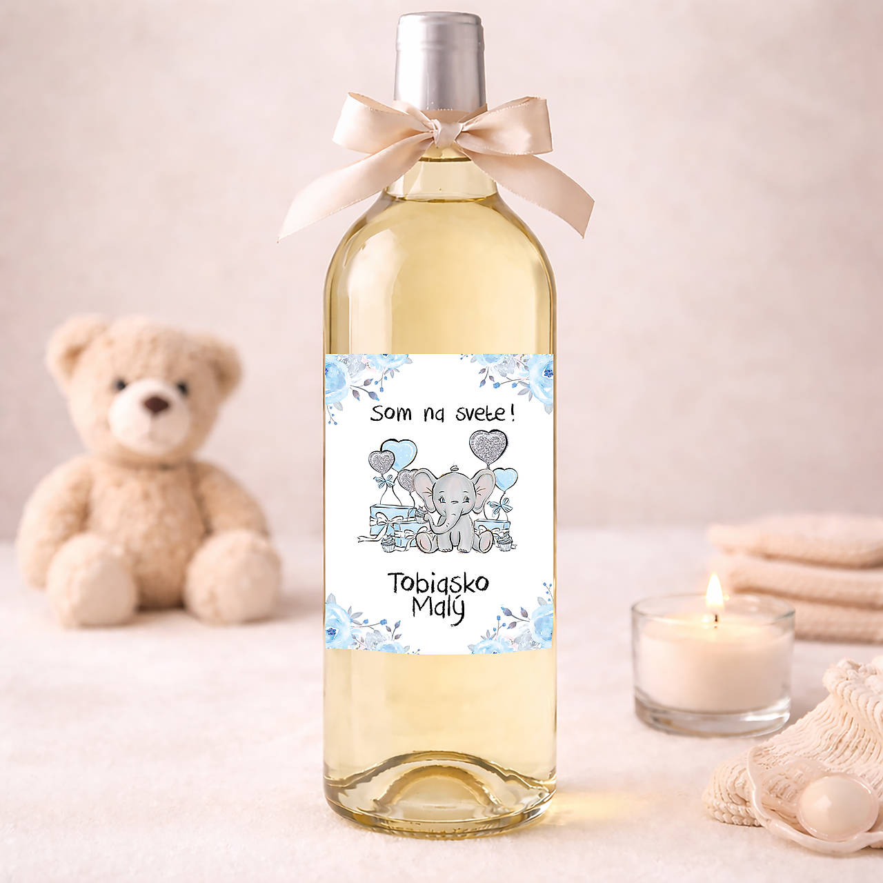 Samolepiace etikety "radostníky" na víno/pálenku  (etiketa so sloníkom s darčekmi)