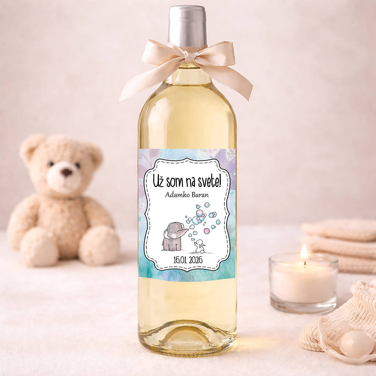 Samolepiace etikety "radostníky" na víno/pálenku  (etiketa so sloníkom a zajkom s bublinkami)