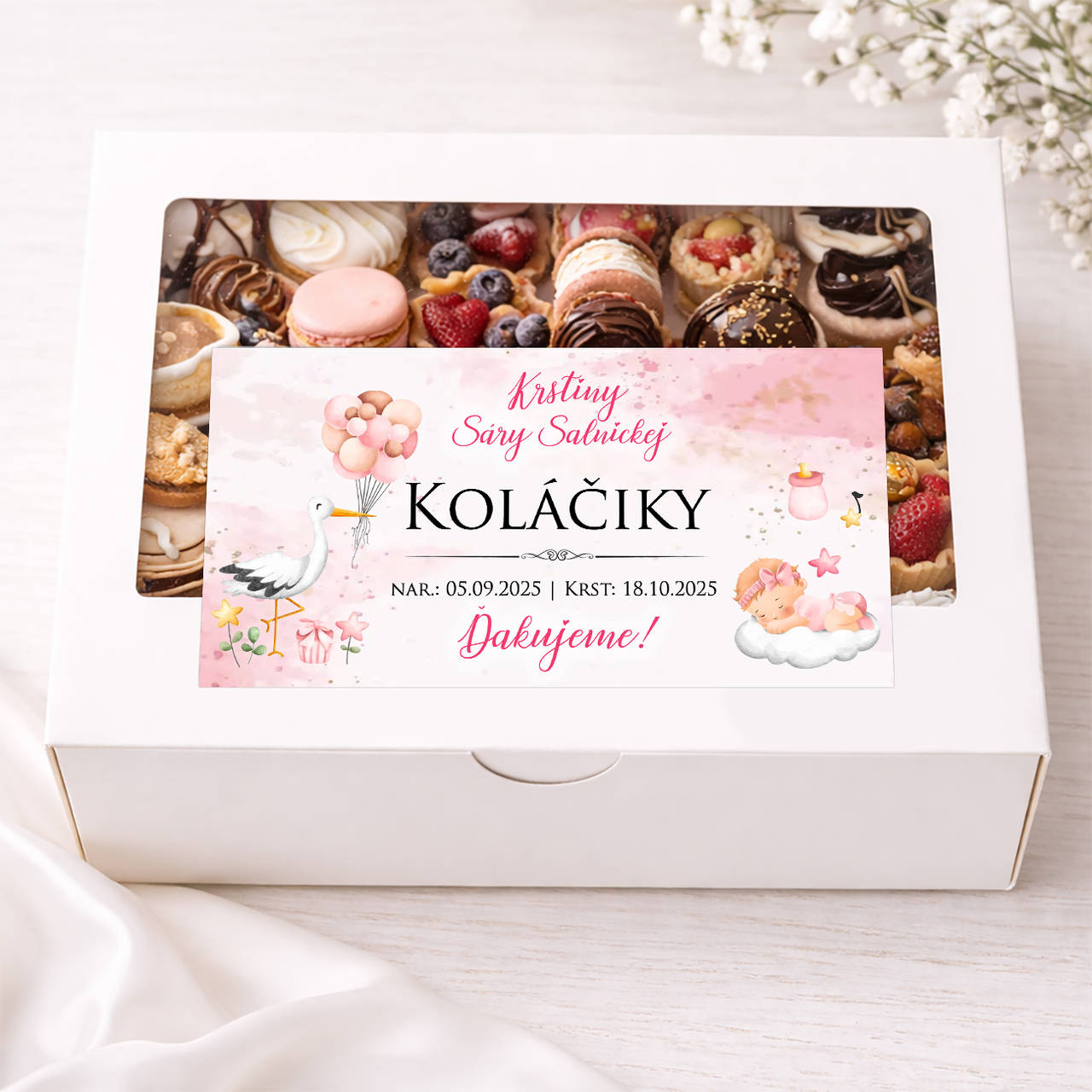 Nálepky na výslužky, krstinové koláčiky s bábätkom a bocianom (pre dievčatko)
