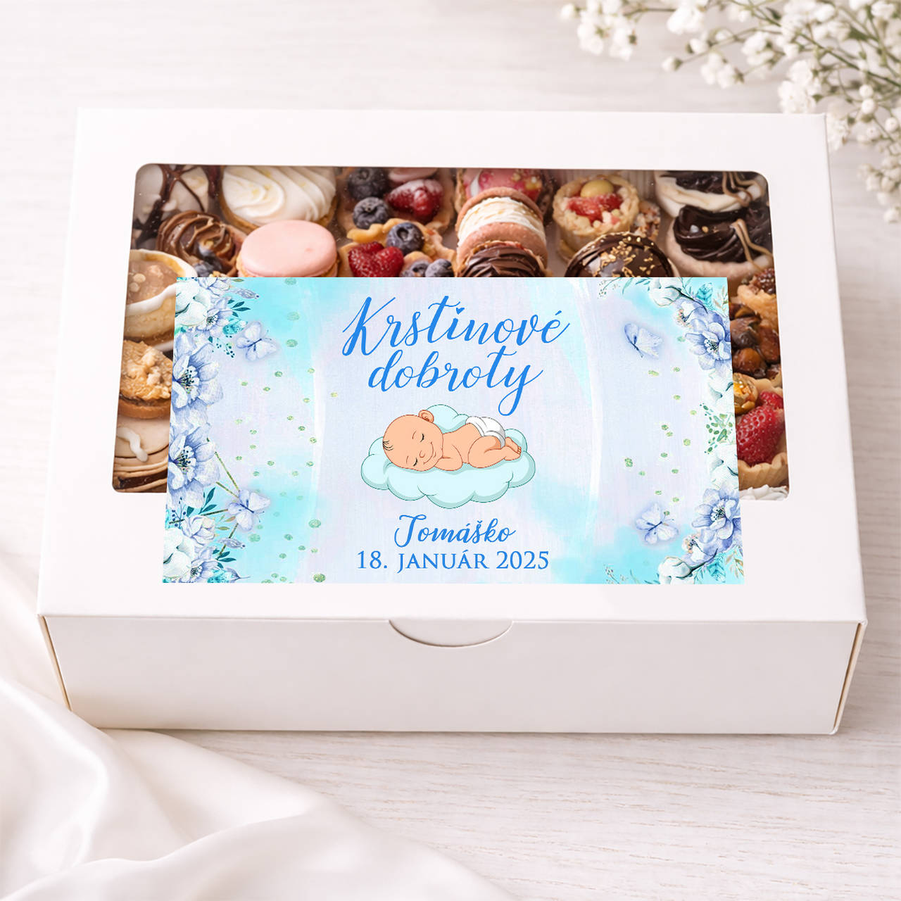 Nálepky na výslužky, krstinové koláčiky s bábätkom (pre chlapčeka)