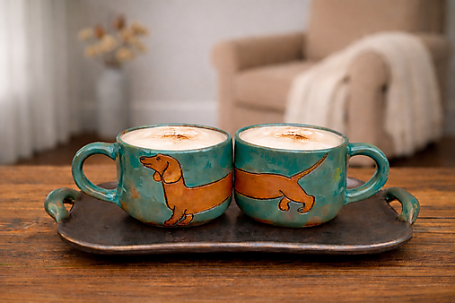 Nádoby - Šálky na kávu pre dvoch + tácka "Jazvečík" - 18224309_