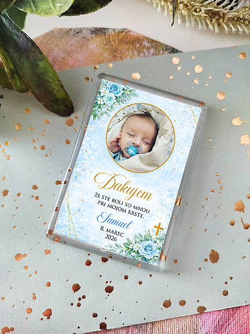 Magnetka na krstiny s fotografiou (Modrá)