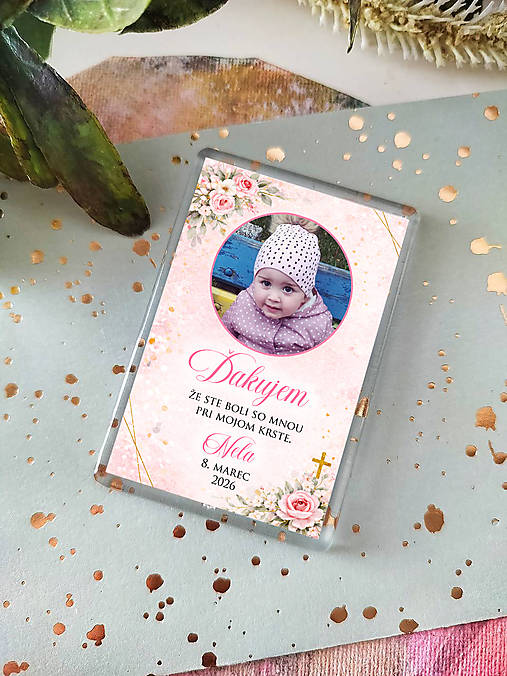 Magnetka na krstiny s fotografiou (Ružová)