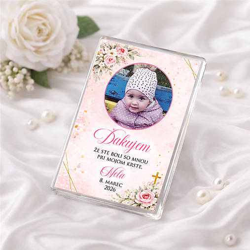 Magnetka na krstiny s fotografiou (Ružová)