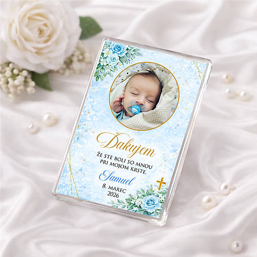 Magnetka na krstiny s fotografiou (Modrá)