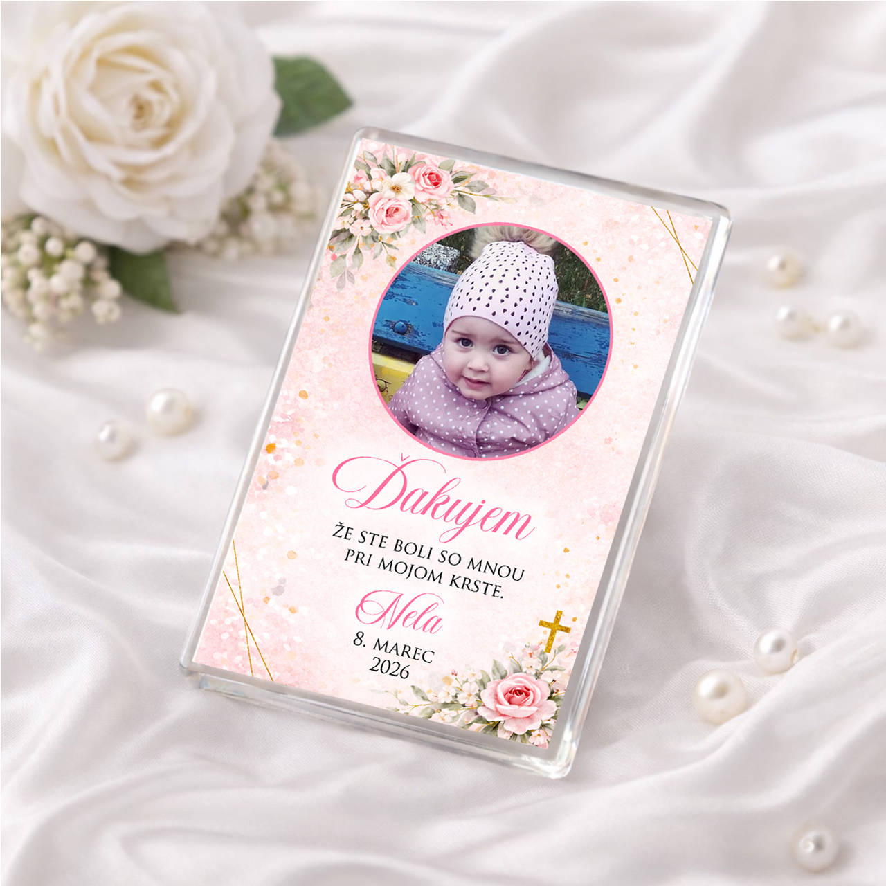 Magnetka na krstiny s fotografiou (Ružová)