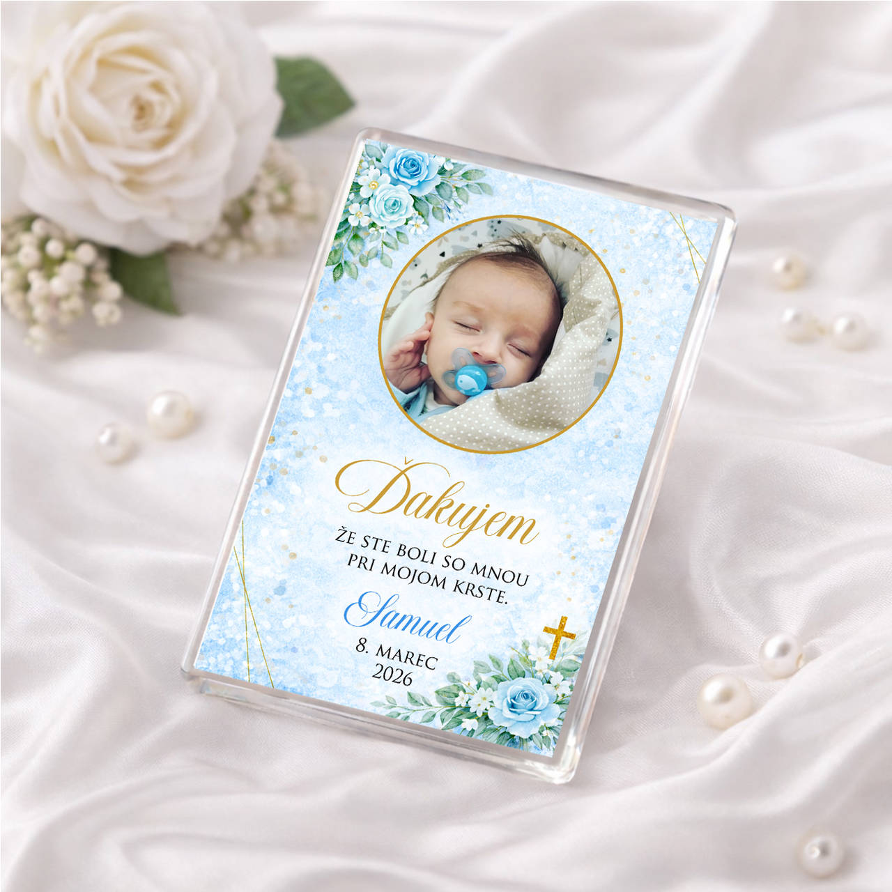 Magnetka na krstiny s fotografiou (Modrá)