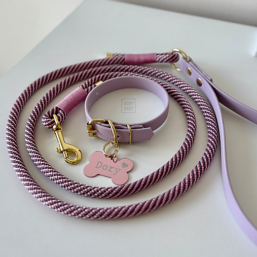 Pre zvieratá - MARYBARY Mini set obojok + lanové vodítko pre malého psa LILAC / fialovo-zlatý - 18224589_