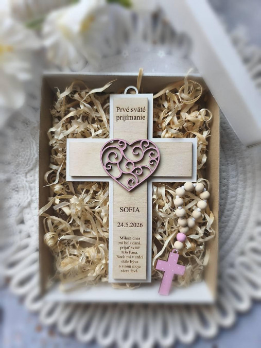 Dekorácie - Personalizovaný set: Drevený krížik s menom a desiatok k 1. svätému prijímaniu - 18226578_