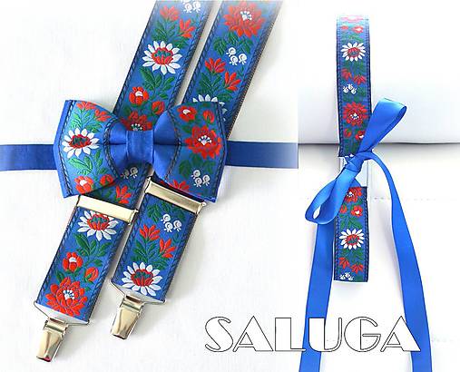 Pánske doplnky - SET on a ona - Folklórny pánsky modrý motýlik a traky + dámsky folklórny opasok - ľudový - 18225996_