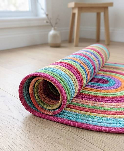 Pestrofarebný oválny koberec – ručne šitý farebný akcent do vášho interiéru.