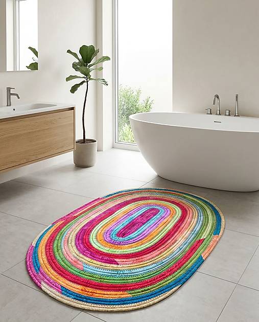 Pestrofarebný oválny koberec – ručne šitý farebný akcent do vášho interiéru.