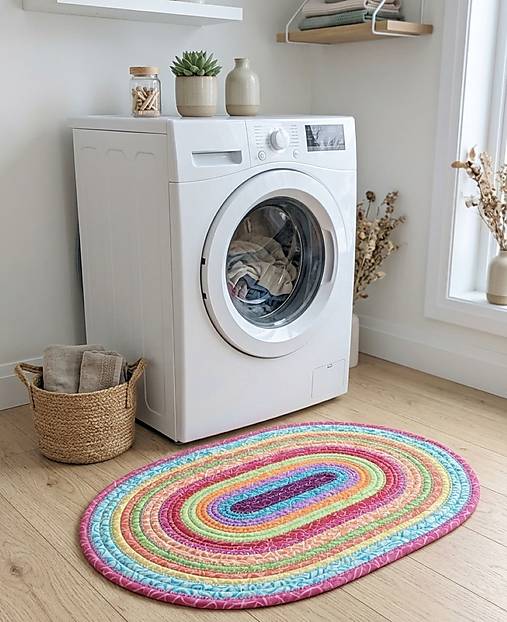 Pestrofarebný oválny koberec – ručne šitý farebný akcent do vášho interiéru.