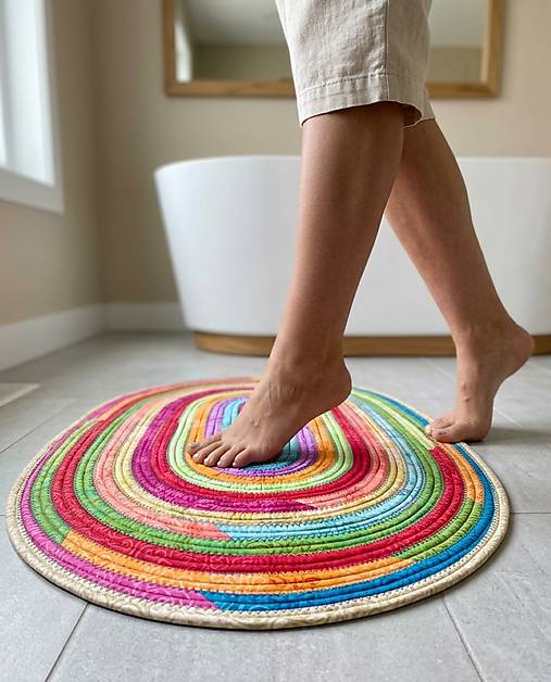 Pestrofarebný oválny koberec – ručne šitý farebný akcent do vášho interiéru.