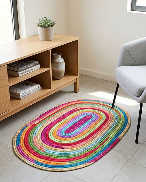 Pestrofarebný oválny koberec – ručne šitý farebný akcent do vášho interiéru.