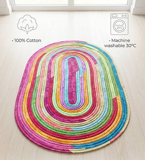 Pestrofarebný oválny koberec – ručne šitý farebný akcent do vášho interiéru.