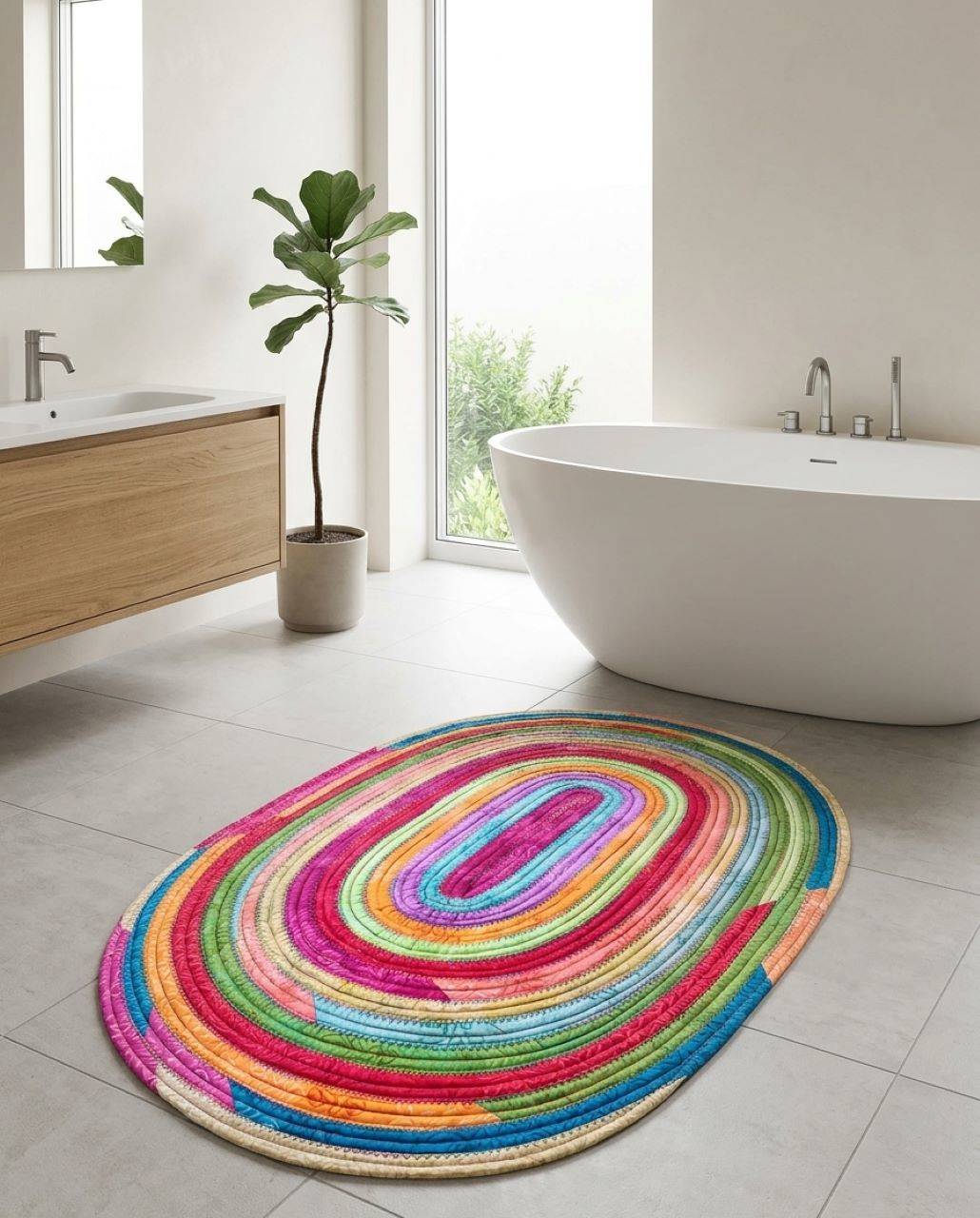 Pestrofarebný oválny koberec – ručne šitý farebný akcent do vášho interiéru.