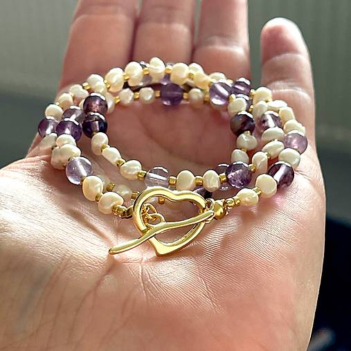 Luxury Pearl and Amethyst Necklace Stainless Steel / Náhrdelník ametyst, perly, oceľ E073