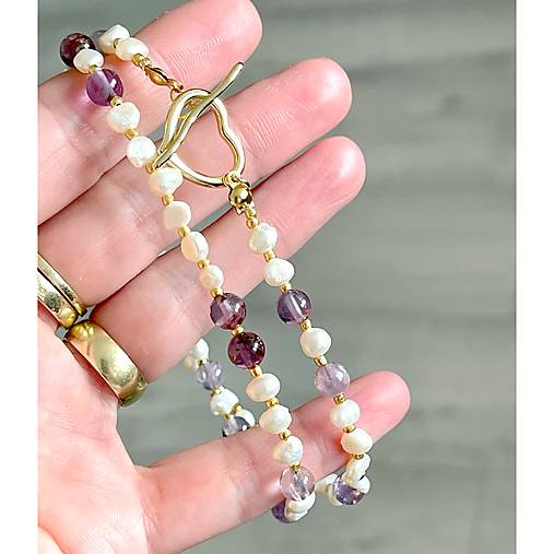 Luxury Pearl and Amethyst Necklace Stainless Steel / Náhrdelník ametyst, perly, oceľ E073