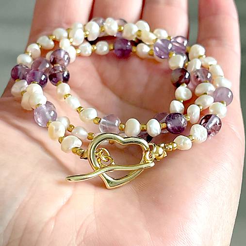 Luxury Pearl and Amethyst Necklace Stainless Steel / Náhrdelník ametyst, perly, oceľ E073