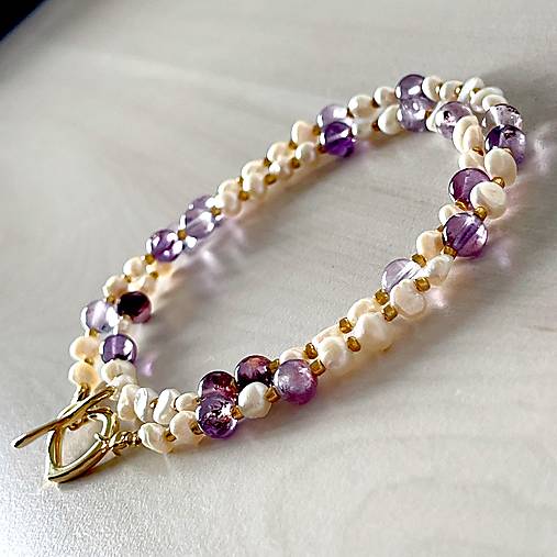 Luxury Pearl and Amethyst Necklace Stainless Steel / Náhrdelník ametyst, perly, oceľ E073