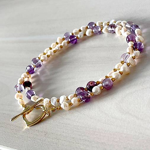 Luxury Pearl and Amethyst Necklace Stainless Steel / Náhrdelník ametyst, perly, oceľ E073