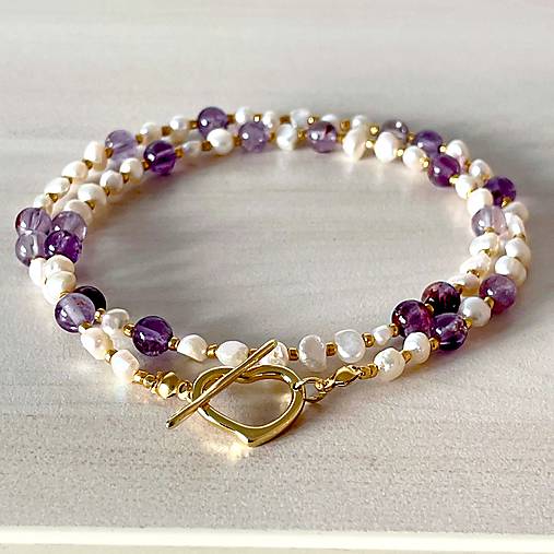 Luxury Pearl and Amethyst Necklace Stainless Steel / Náhrdelník ametyst, perly, oceľ E073