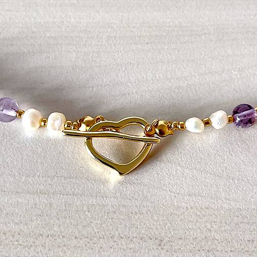 Luxury Pearl and Amethyst Necklace Stainless Steel / Náhrdelník ametyst, perly, oceľ E073