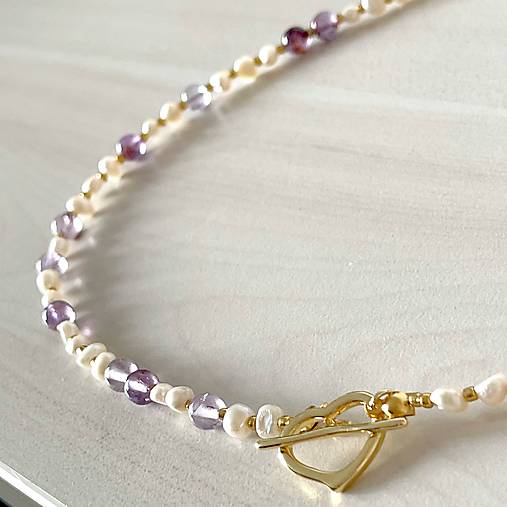 Luxury Pearl and Amethyst Necklace Stainless Steel / Náhrdelník ametyst, perly, oceľ E073