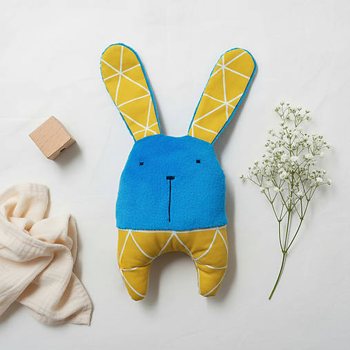 Zajačik Topi - mäkučký handmade kamarát (Modro žltý)
