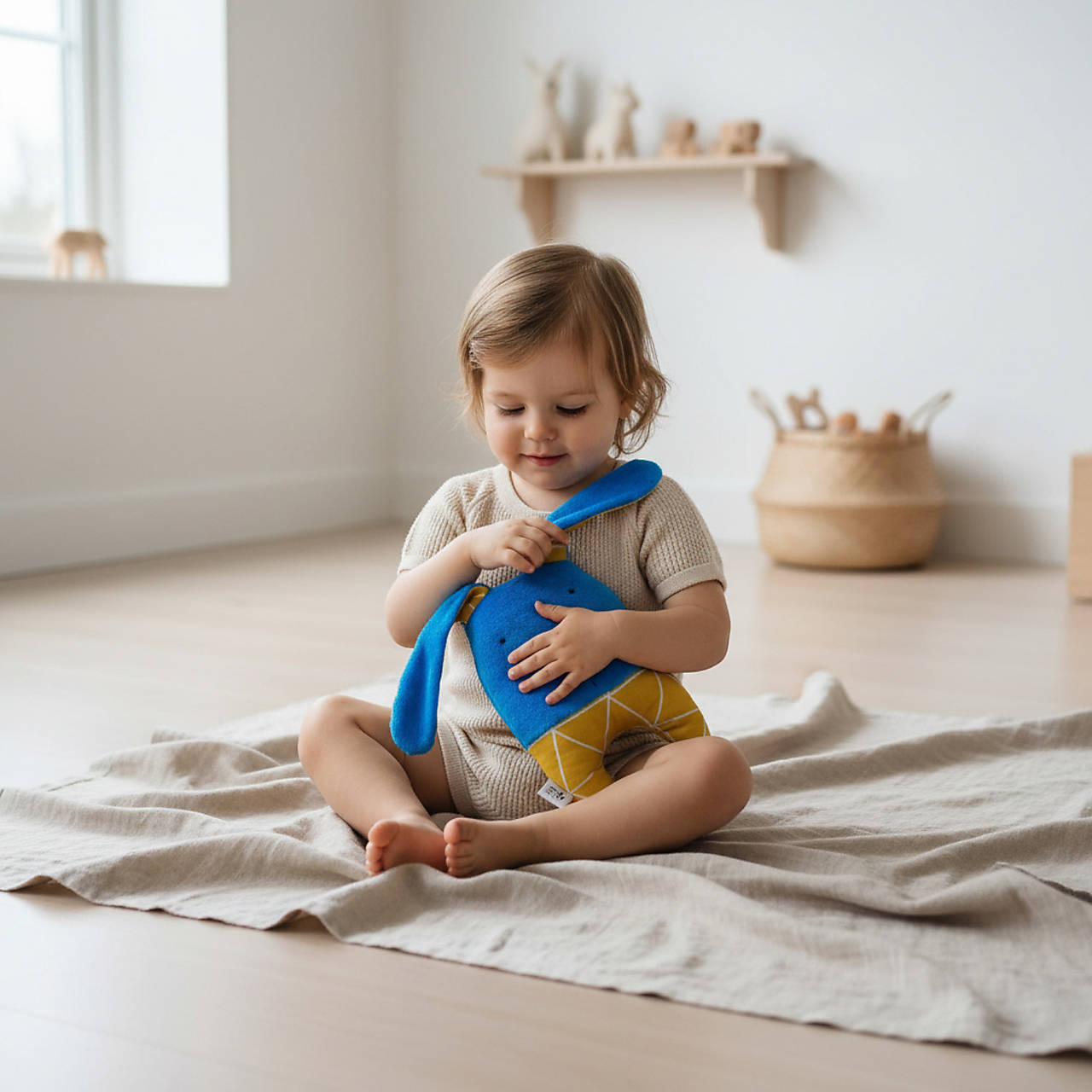 Zajačik Topi - mäkučký handmade kamarát (Modro žltý)