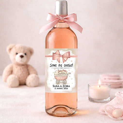 Samolepiaca etiketa "radostník" na víno/pálenku pre dvojičky (mackovia v kočiariku)