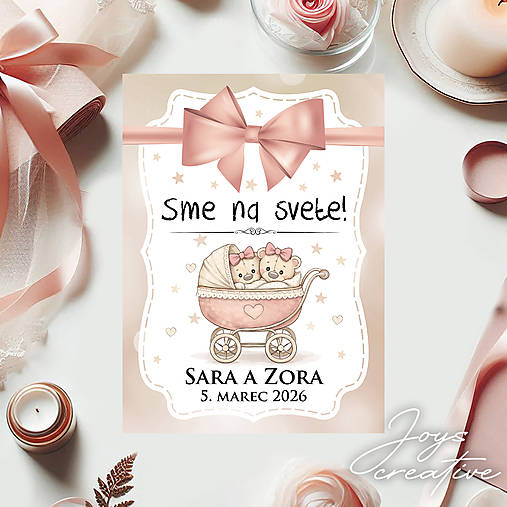 Samolepiaca etiketa "radostník" na víno/pálenku pre dvojičky (mackovia v kočiariku)