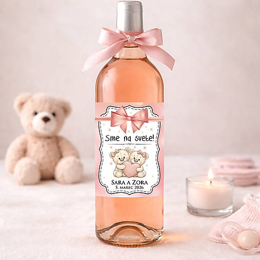 Samolepiaca etiketa "radostník" na víno/pálenku pre dvojičky (mackovia so srdiečkom)