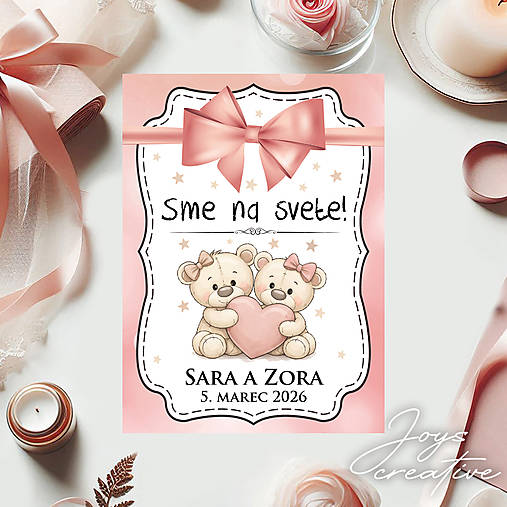 Samolepiaca etiketa "radostník" na víno/pálenku pre dvojičky (mackovia so srdiečkom)