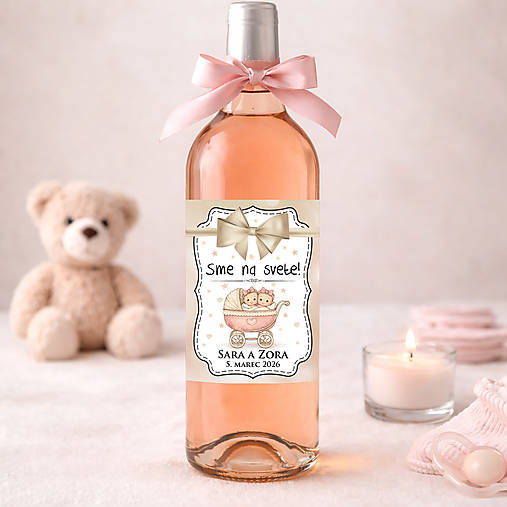 Samolepiaca etiketa "radostník" na víno/pálenku pre dvojičky (bábätká v kočiariku)