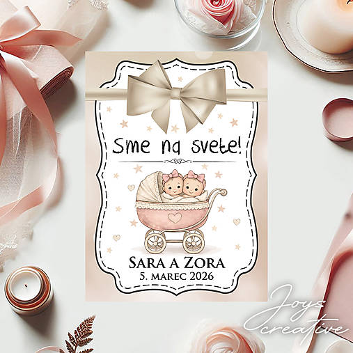 Samolepiaca etiketa "radostník" na víno/pálenku pre dvojičky (bábätká v kočiariku)