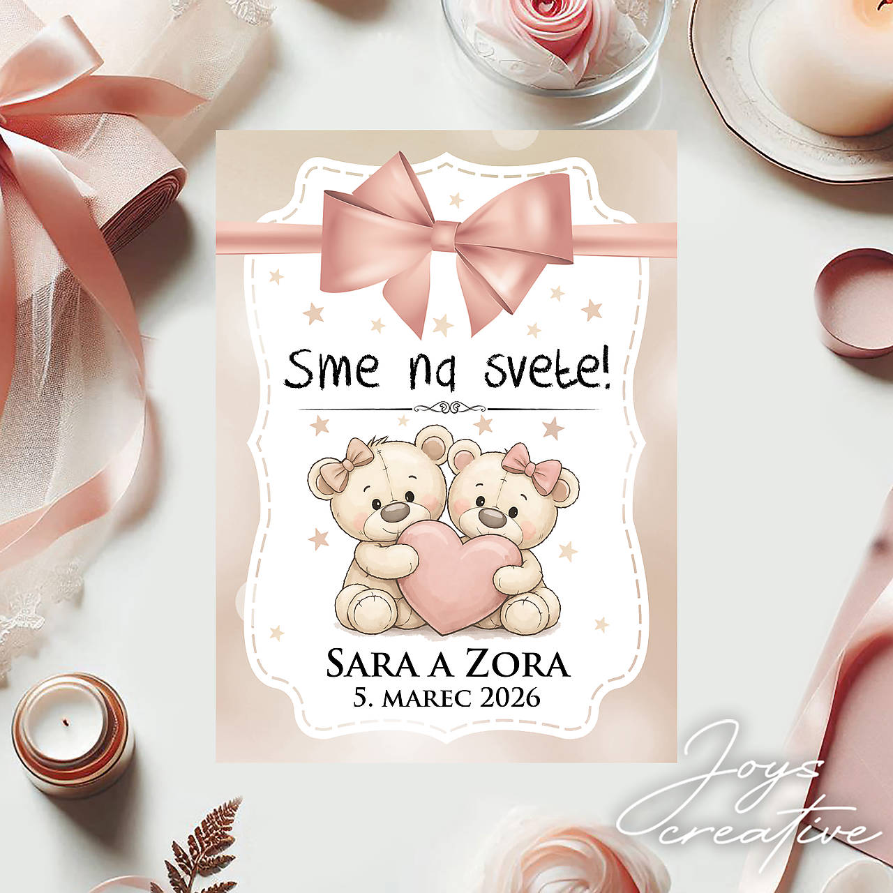 Samolepiaca etiketa "radostník" na víno/pálenku pre dvojičky (mackovia béžové pozadie)